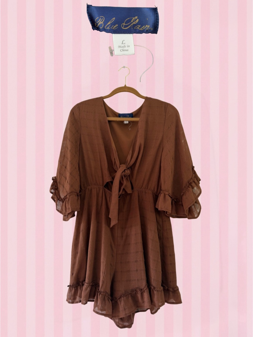 Blue Rain Brown Tie-Front Mini Romper with Ruffle Hem
